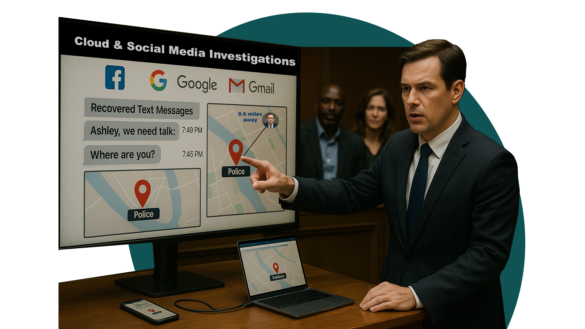 Illustration of courtroom digital forensics integrating smartphone, cloud, and computer data with legal symbols