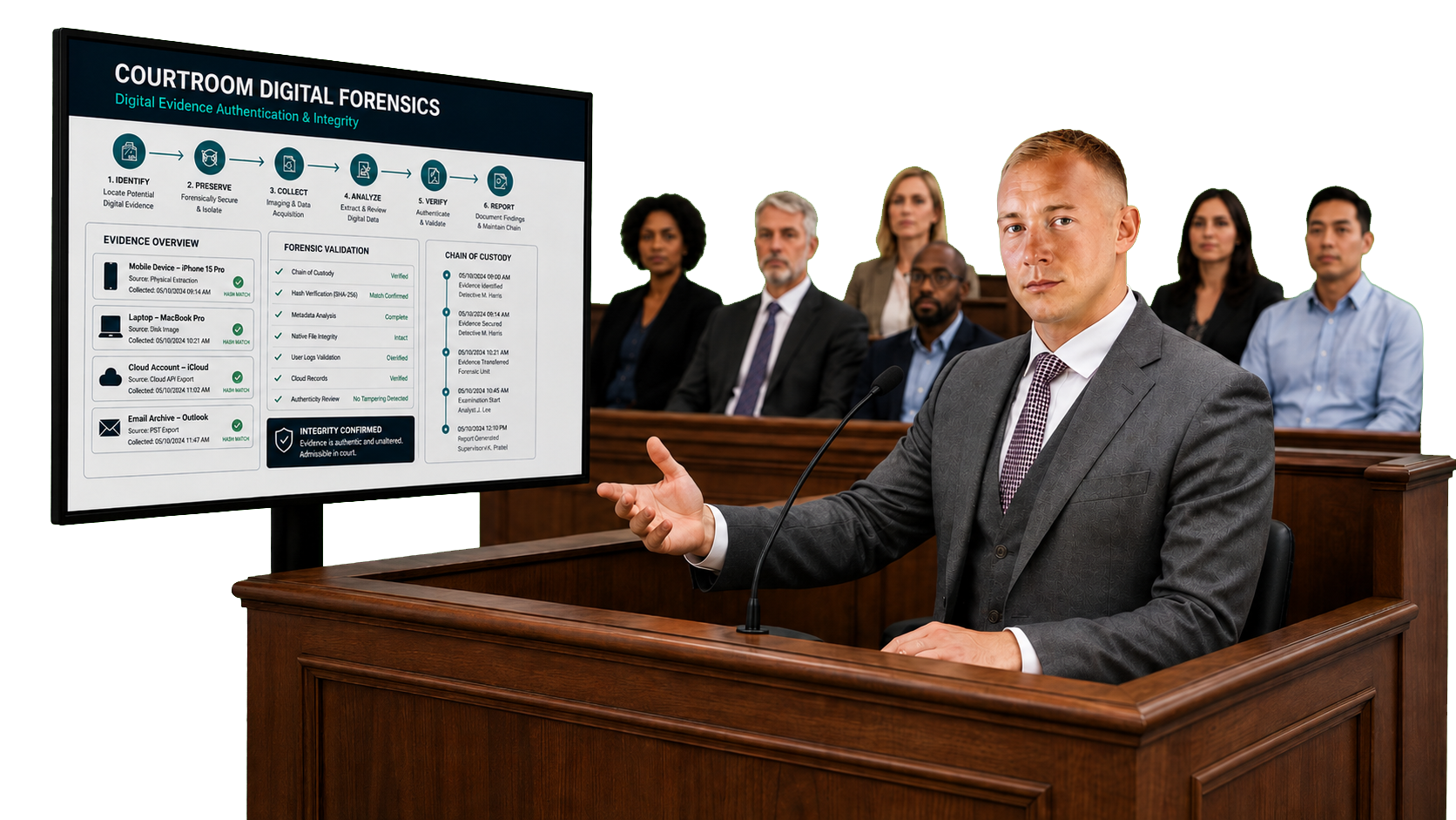Courtroom digital forensics presentation showing evidence identification, preservation, collection, analysis, verification, and reporting