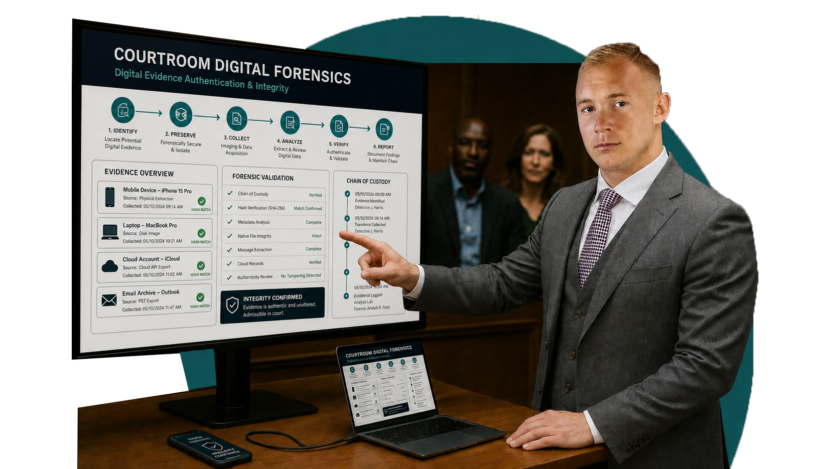 Courtroom digital forensics presentation showing evidence identification, preservation, collection, analysis, verification, and reporting
